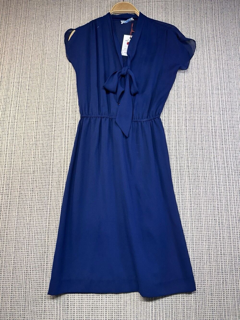 Vintage Blue Secretary Midi Dress Petite MS Bow Tie Cottagecore Cota’s Closet